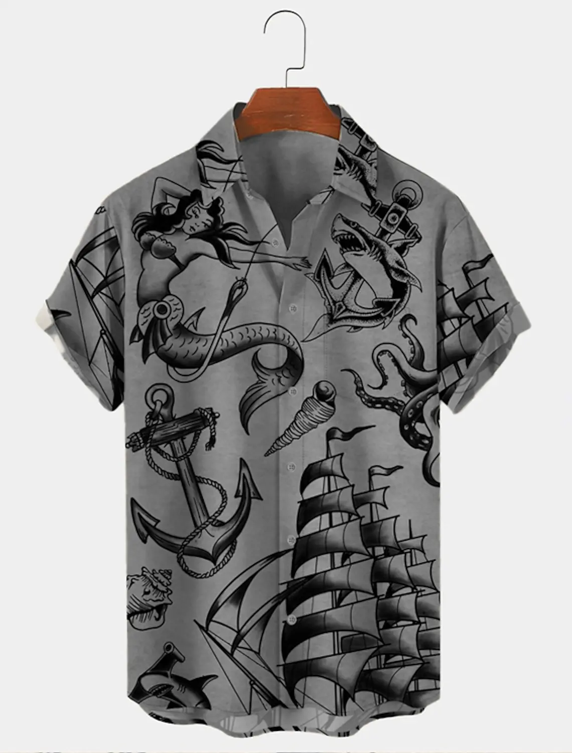 Camicia da uomo Mermaid Shark stampe grafiche Anchor Turndown Outdoor Street maniche corte Button-Down stampa abbigliamento abbigliamento moda