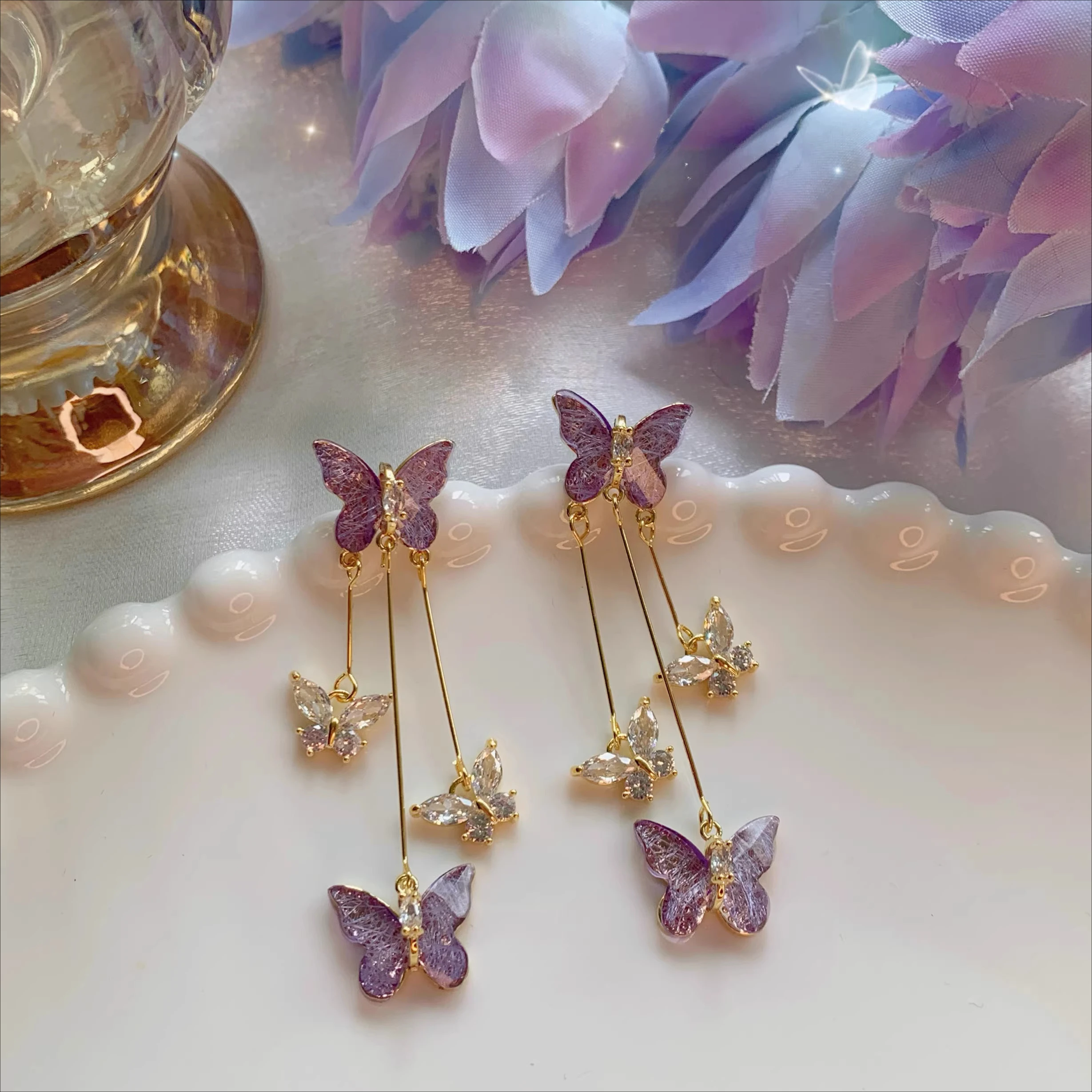 Clip on Earrings Purple Butterfly Flower Long Tassel Fairy Crystal Pearl Non Pierced Ear Clips for Women Bridal Wedding Party - view 5