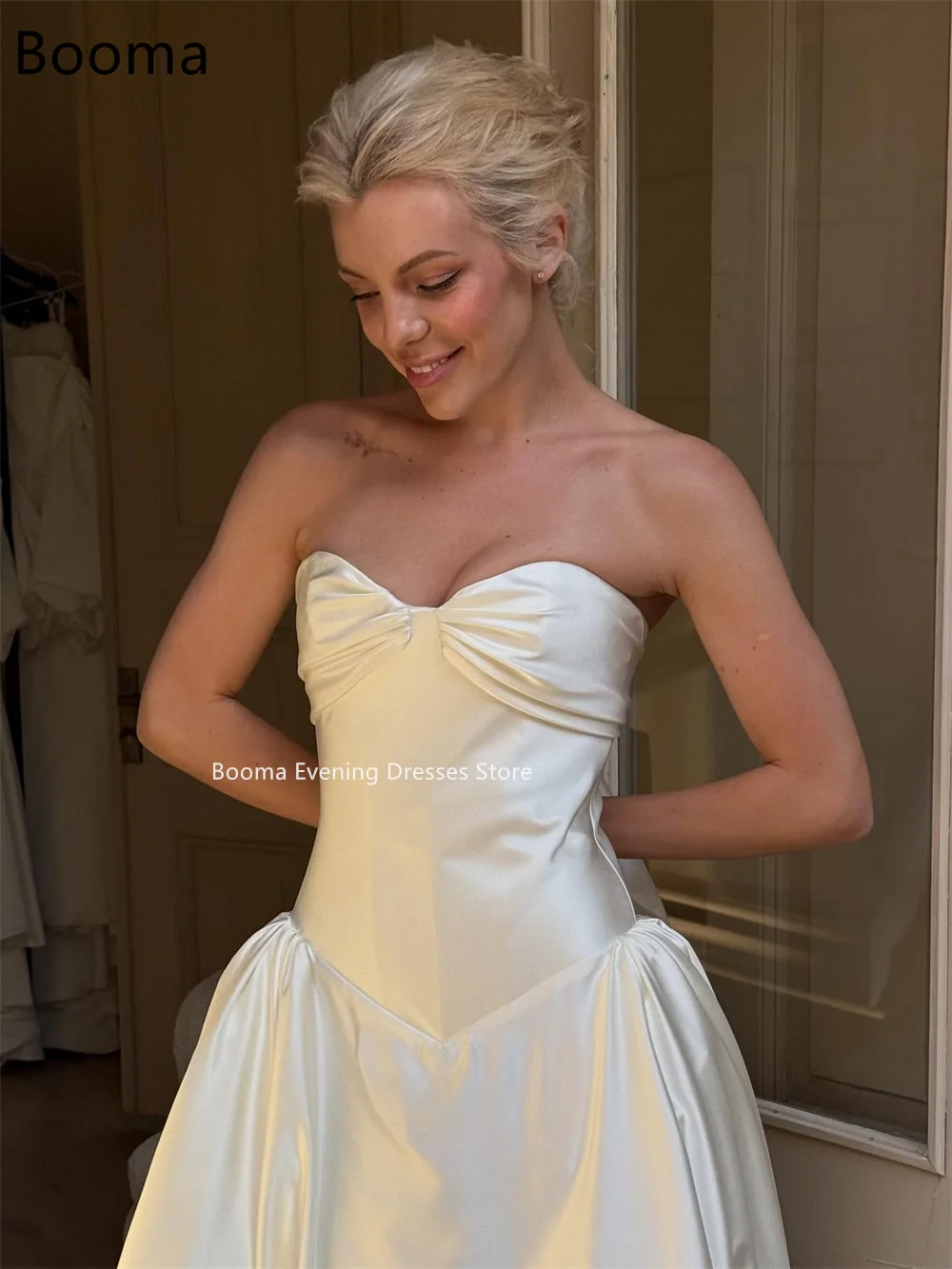 Booma – robe de mariée trapèze en Satin, sans bretelles, élégante, sans manches, Simple, sur mesure, 2025