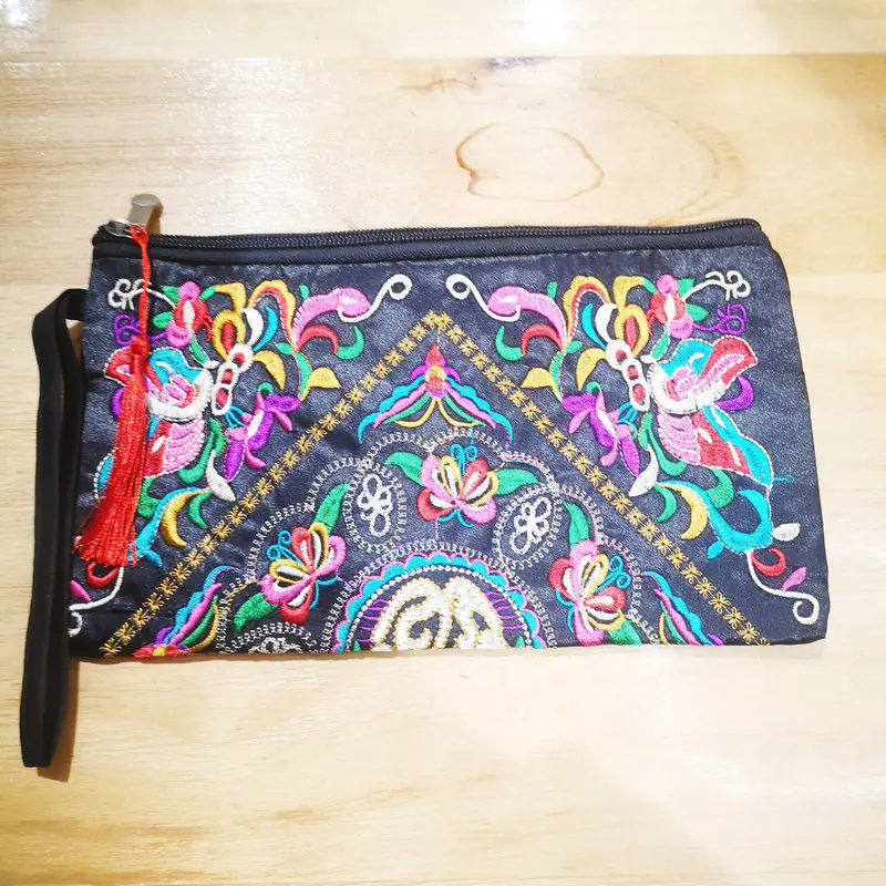 Ethnic Embroidered Wallet with Red Tassel Zipper Boho Folk Art Clutch Auspicious Patttern Black Vintage Zipper Purse Accessories