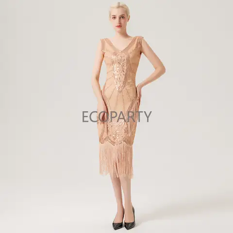 1920-tals vintage paljettklänning damer V-ringad linne med tofsklänning elegant festklänning Great Gatsby Flapper-kostym 10 best sales 1920-talsklänning - №3