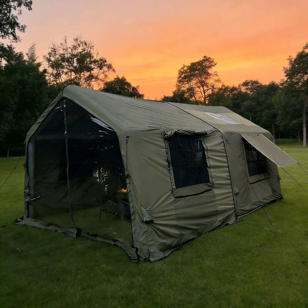 Four-season Outdoor Waterproof Green TC Cotton Inflatable Tent Two Bedrooms Extendable Awning For Family Camping