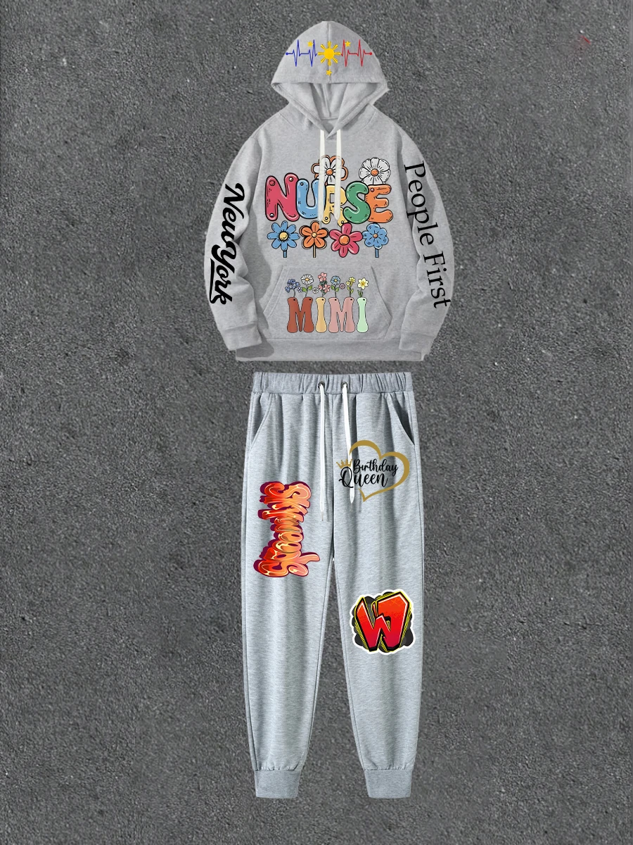 

Серая толстовка с двусторонним принтом в сочетании с повседневными брюками с принтом Свободная толстовка с капюшоном в уличном стиле с повседневными брюками