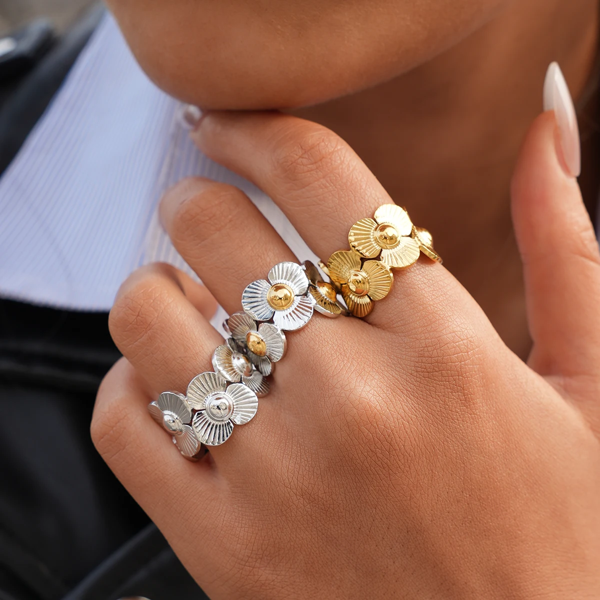Vintage Blumenringe für Damen, 18K Gold PVD-beschichteter Edelstahl, Blumenringe, Damenschmuck, Partygeschenk für sie 2026
