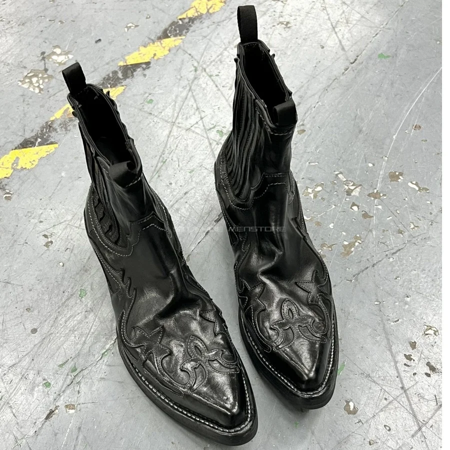Vintage Distressed Flame Embroidery Western Boots Men Pointed Toe Elastic Side Chelsea Ankle Boots Witch Leather Cowboy Boots