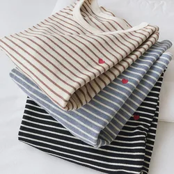 Love Embroidery Striped Sweatshirt Women Autumn Loose Fit Slimming Round Neck Long Sleeved Tops