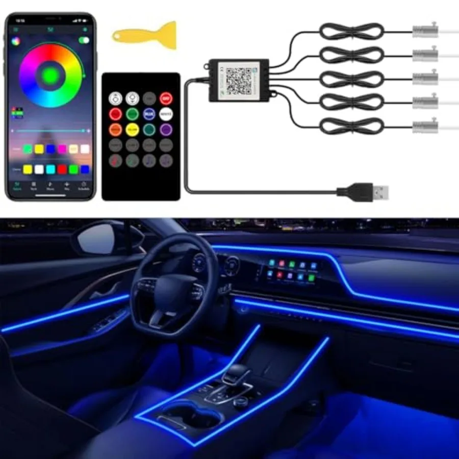 

【Spot goods】Interior Car Lights with Wireless APP and Remote Control 5 in 1 RGB Ambient Lighting Kit with 236 inches Fiber Opti