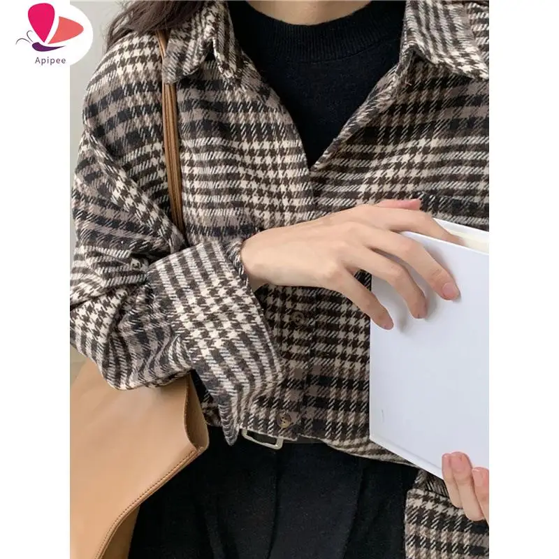 

APIPEE Spring Autumn Women's Turn-down Collar Plaid Striped Button Lantern Long Sleeved Cardigan Wool Coats Elegant Casual Tops