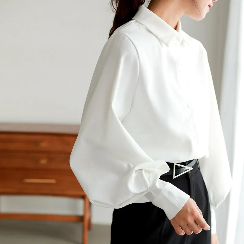 White Shirts Women Long Puff Sleeve Spring Loose Simple Solid Casual Elegant Office Ladies Vintage Clean Fit Basics Chiffon Chic