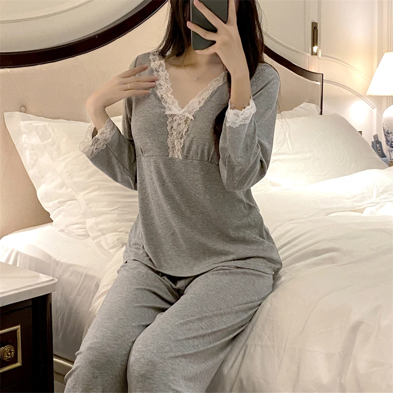 Spring and Autumn Women\'s Lace Cotton V-neck Sexy Pajamas Simple Warm Winter Long Sleeve Pants Set Pajamas Home Clothes