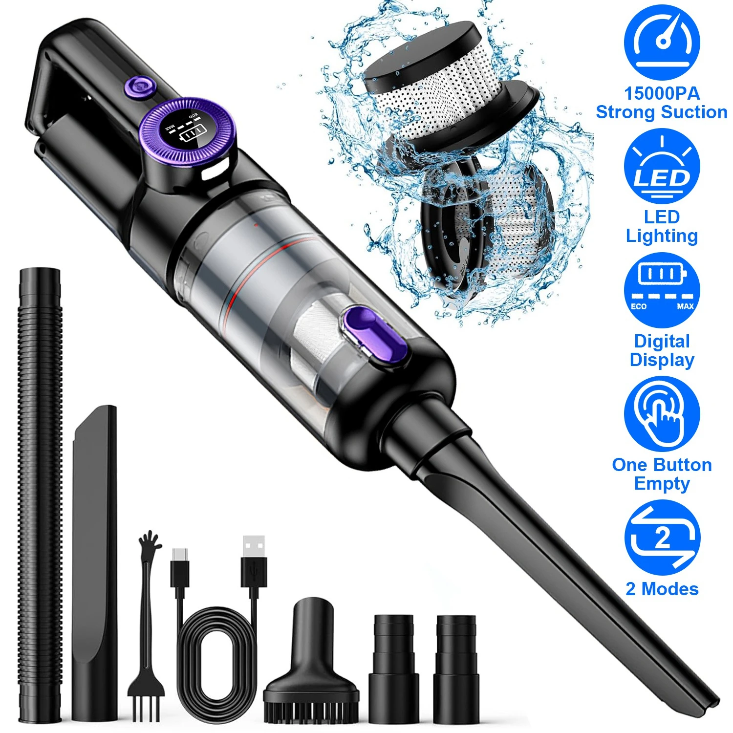 

3 In 1 Handheld Vacuum Cleaner Cordless Car Vacuum 15000PA Rechargeable Duster with 2 Modes 2 Washable Filters Digital Display