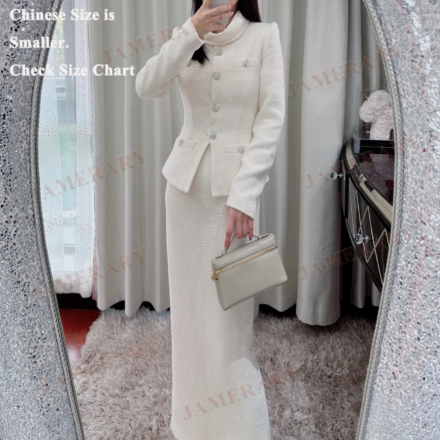 Marca de qualidade outono inverno branco manga longa tweed conjunto de duas peças feminino vestidos longos único breasted luxo formal vestido de noite