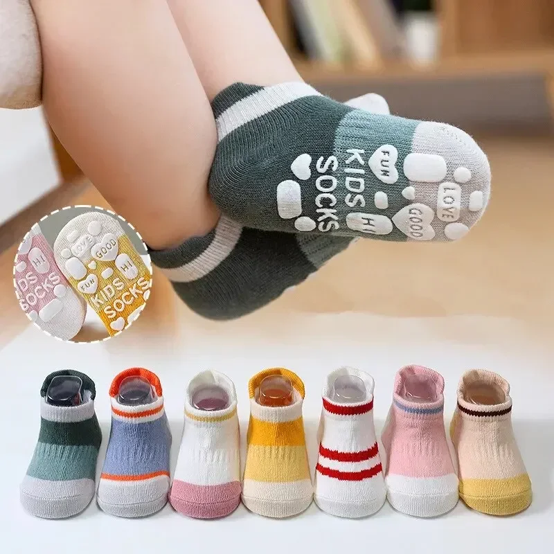 5 Paare/los Baby Anti Slip Socken Solide Streifen Mädchen Jungen Neugeborenen Kinder Gummi Boden Socke Infant Baumwolle Mesh Socken Für 0-5 jahre