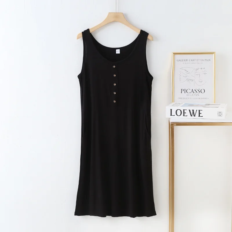 Modal Nightwear Suspender Vest Dress Women's Summer Sleeveless Sleepwear Bottom Skirt Pocket Nightdress A-line Nightgowns