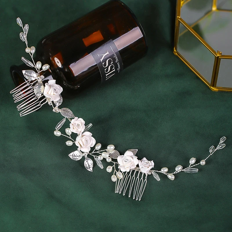 تيجان لؤلؤ وردي فضي اللون للنساء ، أمشاط شعر ، ورقة شجر ، كريستال ، أمشطتين ، عصابة رأس ، إكسسوارات شعر للزفاف ، مجوهرات زفاف