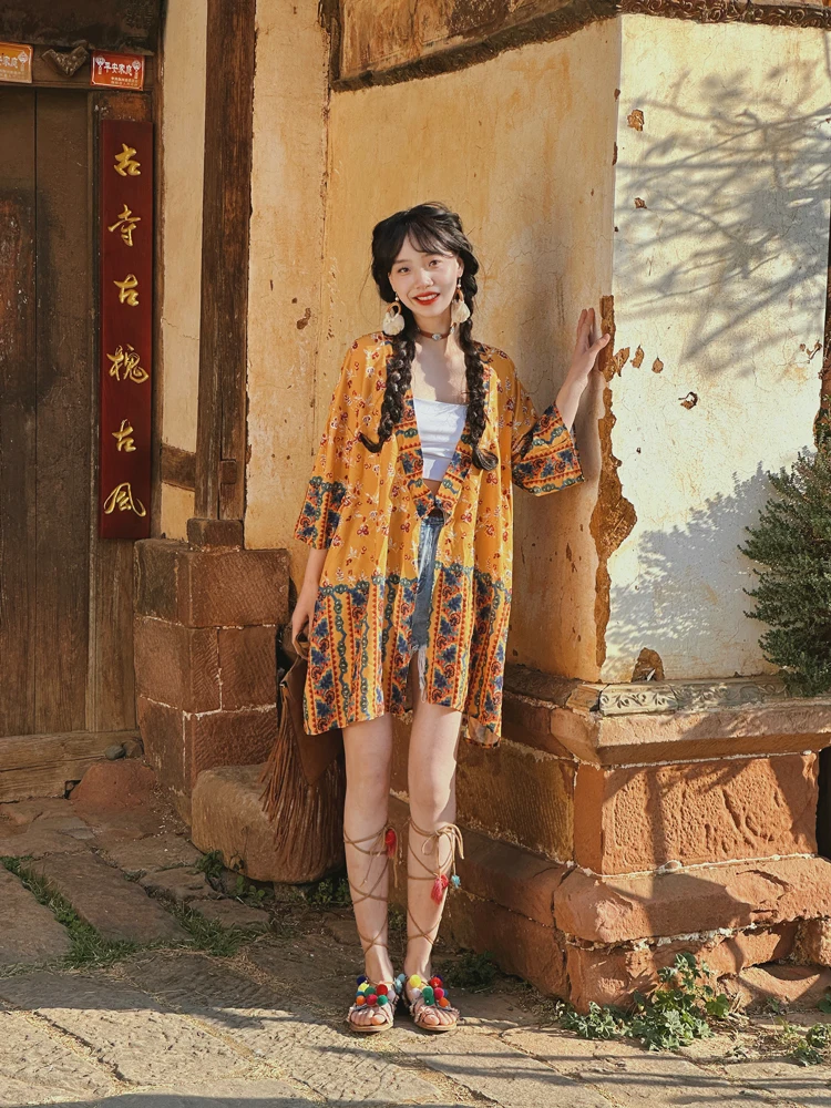 2025 여성 플로럴 프린트 비치 보헤미안 롱 블라우스 탑 신상 드레스 키모노 여성용 V넥 여름 비키니 보호복 탑