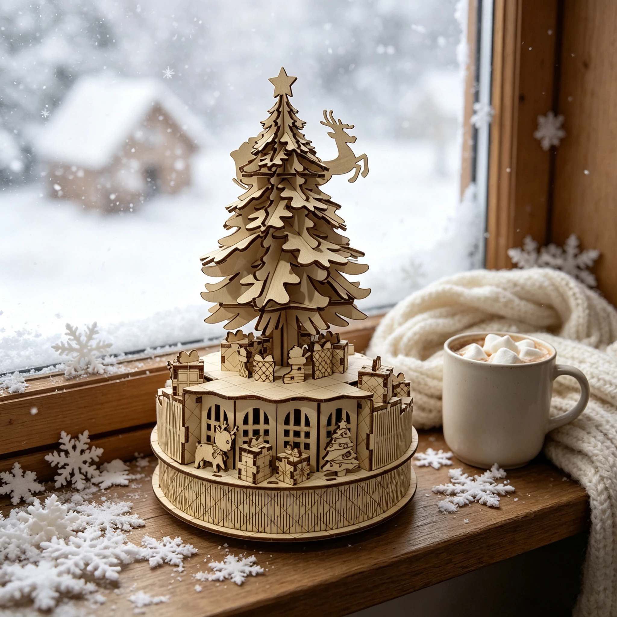 Rotating Christmas Tree 3D Wooden Puzzle Music Box, DIY Santa Sleigh Scene Xmas Tabletop Ornament