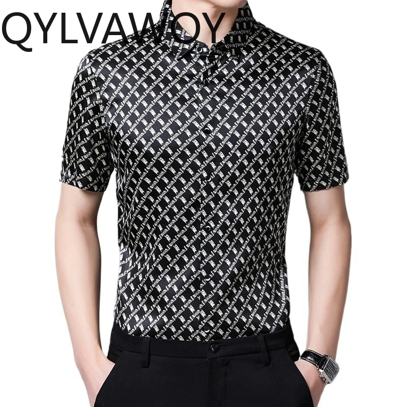 

QYLVAWOY 92.4% Mulberry Silk Men's Shirts Summer Tops Clothes for Man Short Sleeve Shirts Printed Shirts for Men Business Casual