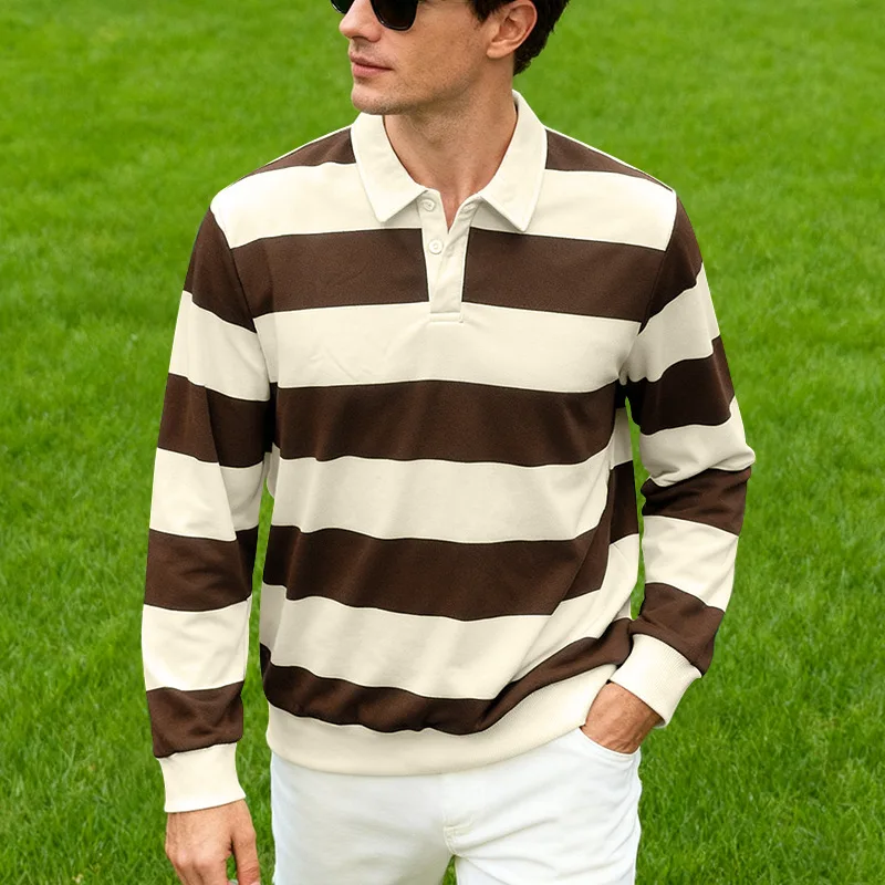 Heren gestreept rugbypolo met lange mouwen en kraag, casual school, buitensport, casual 3D-printen, lente, herfst en winter