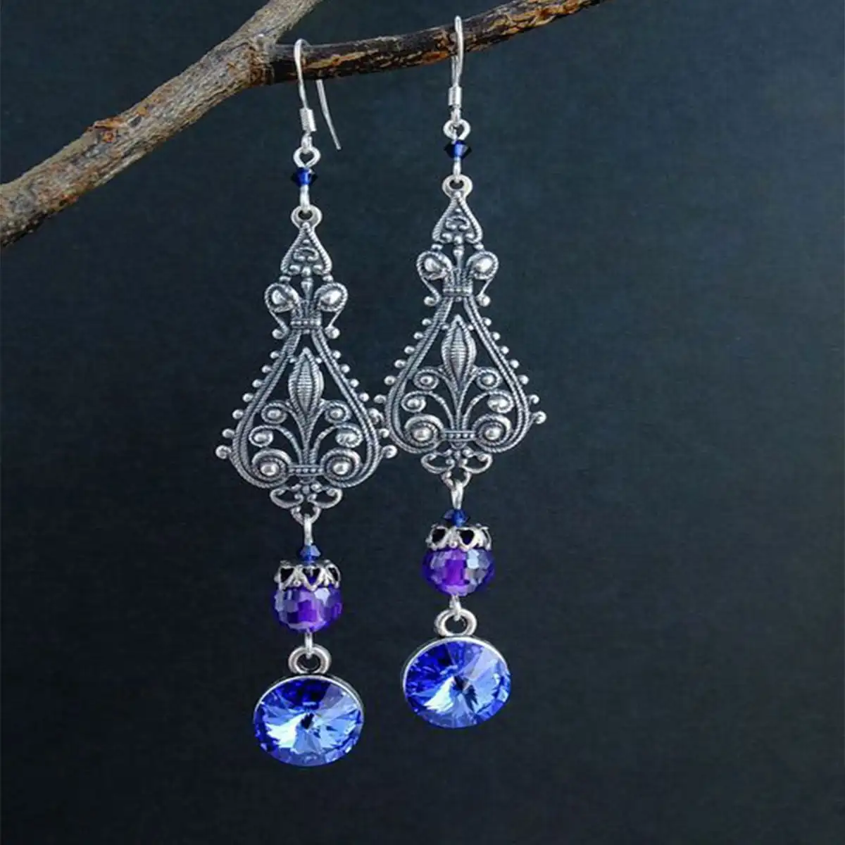 Bohemian Ethnic Long Blue Purple Acrylic Crystal Earrings women's Retro Temperament Geometric Pendant Jewelry