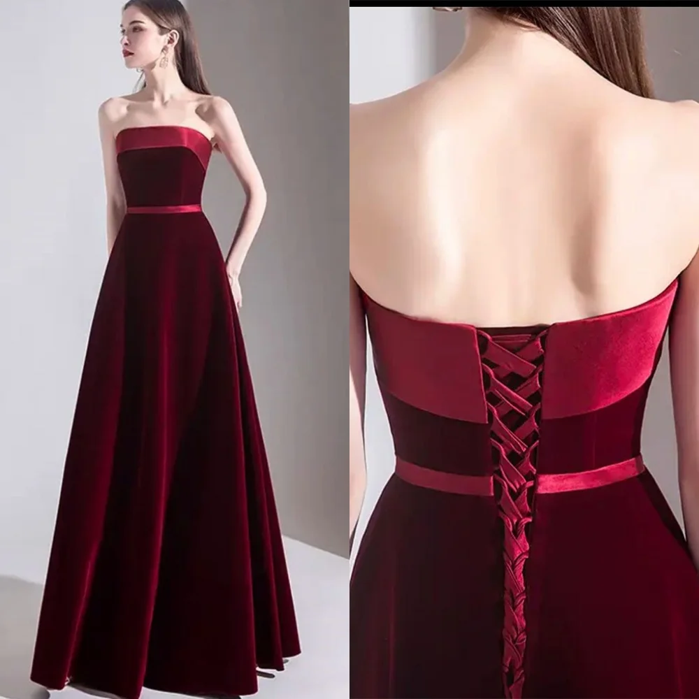 

Customized Elegant Burgundy Velvet Homecoming Dress Temperament Strapless Tiered Lace Up Back Customized Vestido De Noche