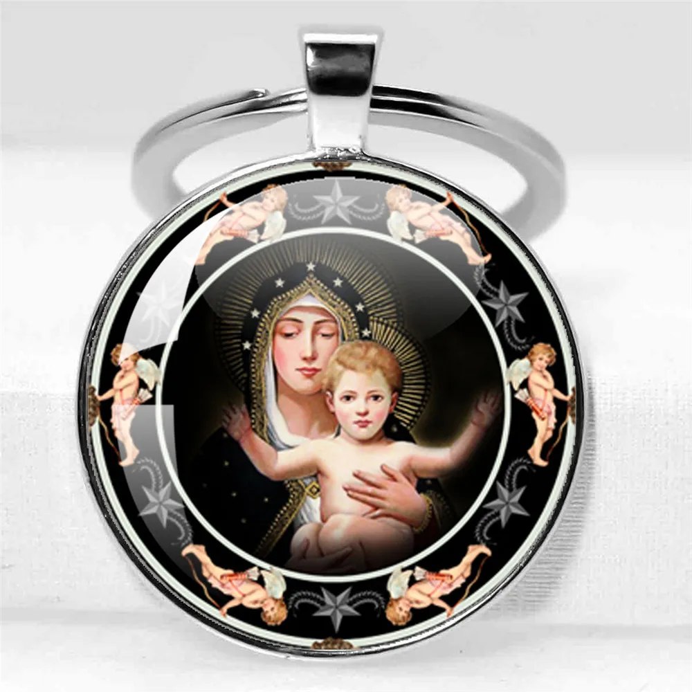 Virgin Mary Religious Glass Pendant Keychain Religious Faith Fashion Religious Keychain  Jewelry Charm Gifts