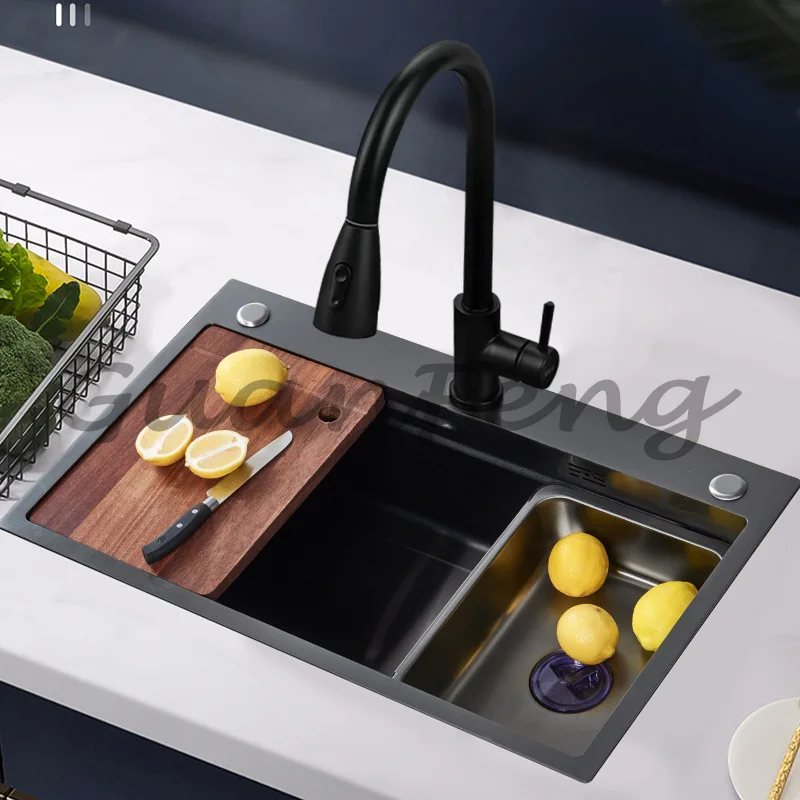Black gold steel nano sink large single kitchen dishwasher table vegetable basin more