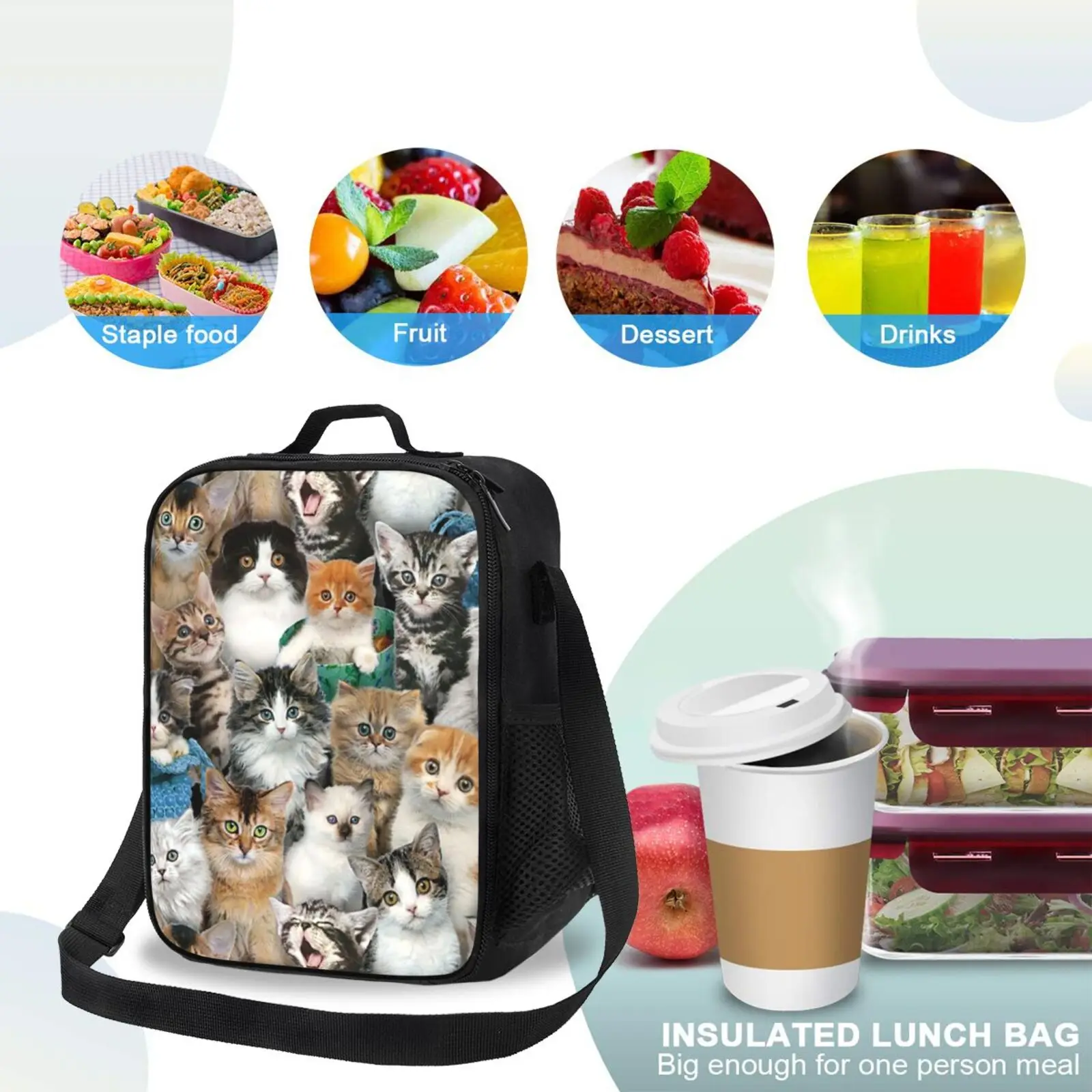 Cute Cat Insulated Lunch Bag for School Work Picnic Beach Reusable Thermal Cooler Tote with Shoulder Strap