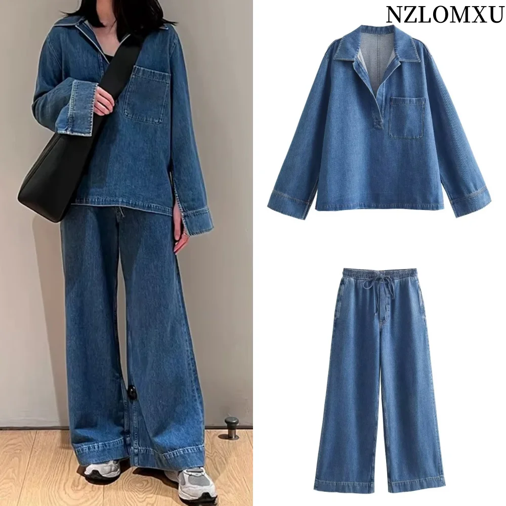 

2025 Women 2 Piece Set Elastic Waist Lace Up Loose Denim Wide Leg Pants Blouse Vintage Lapel Pocket Long Sleeve Top
