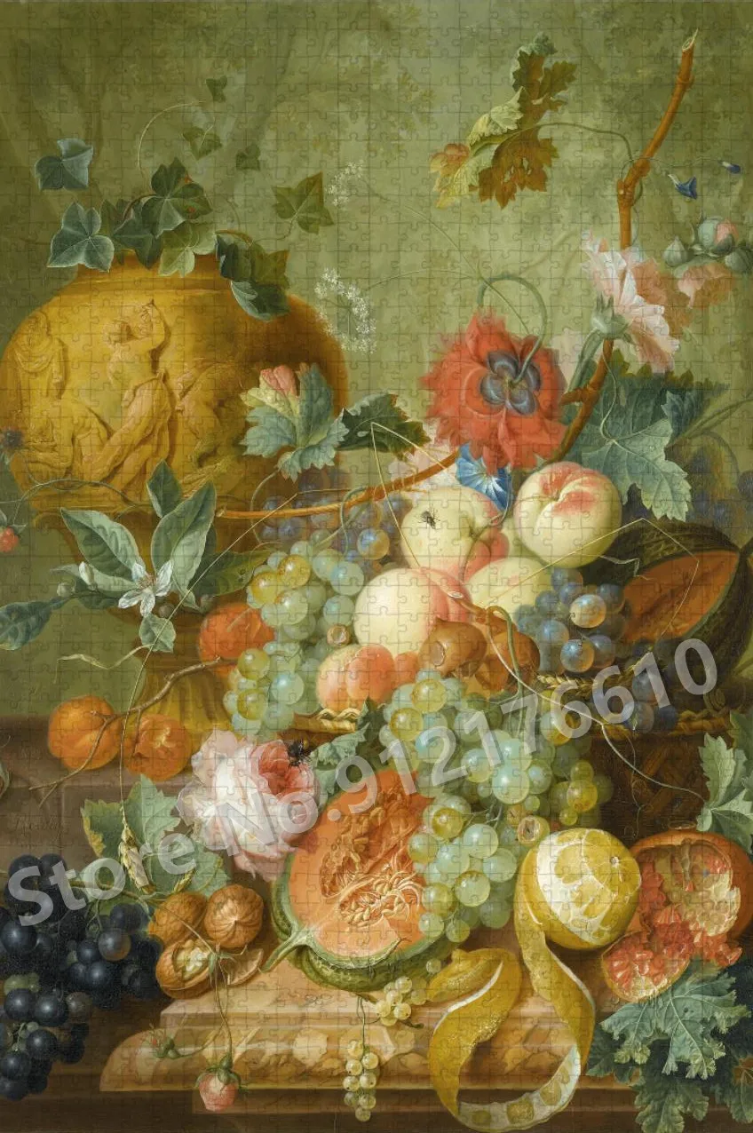 Vintage Artwork Fruit Basket Print Puzzle 300/500/1000Pcs Grape Peach Foods Decor Assembled Jigsaw Puzzle Educational Toys Gifts