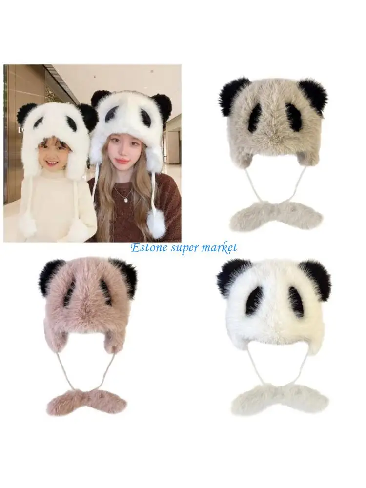 090B Soft Bonnet Caps Travel Plush Hat Girls Winter Warm Hat Panda Pattern Hat Ear Hat Skin Friendly Hat