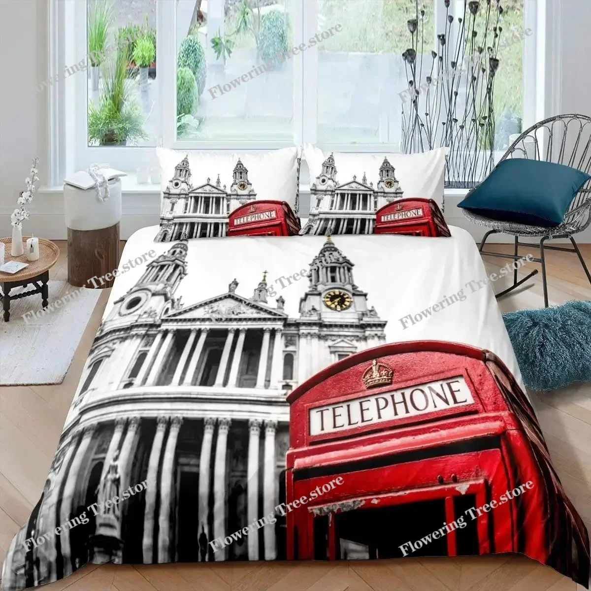 Big Ben Comforter Cover Boys Famous Telephone Booth Bedding Set For Teens Retro London Cityscape Duvet Cover Set With Pillowcase