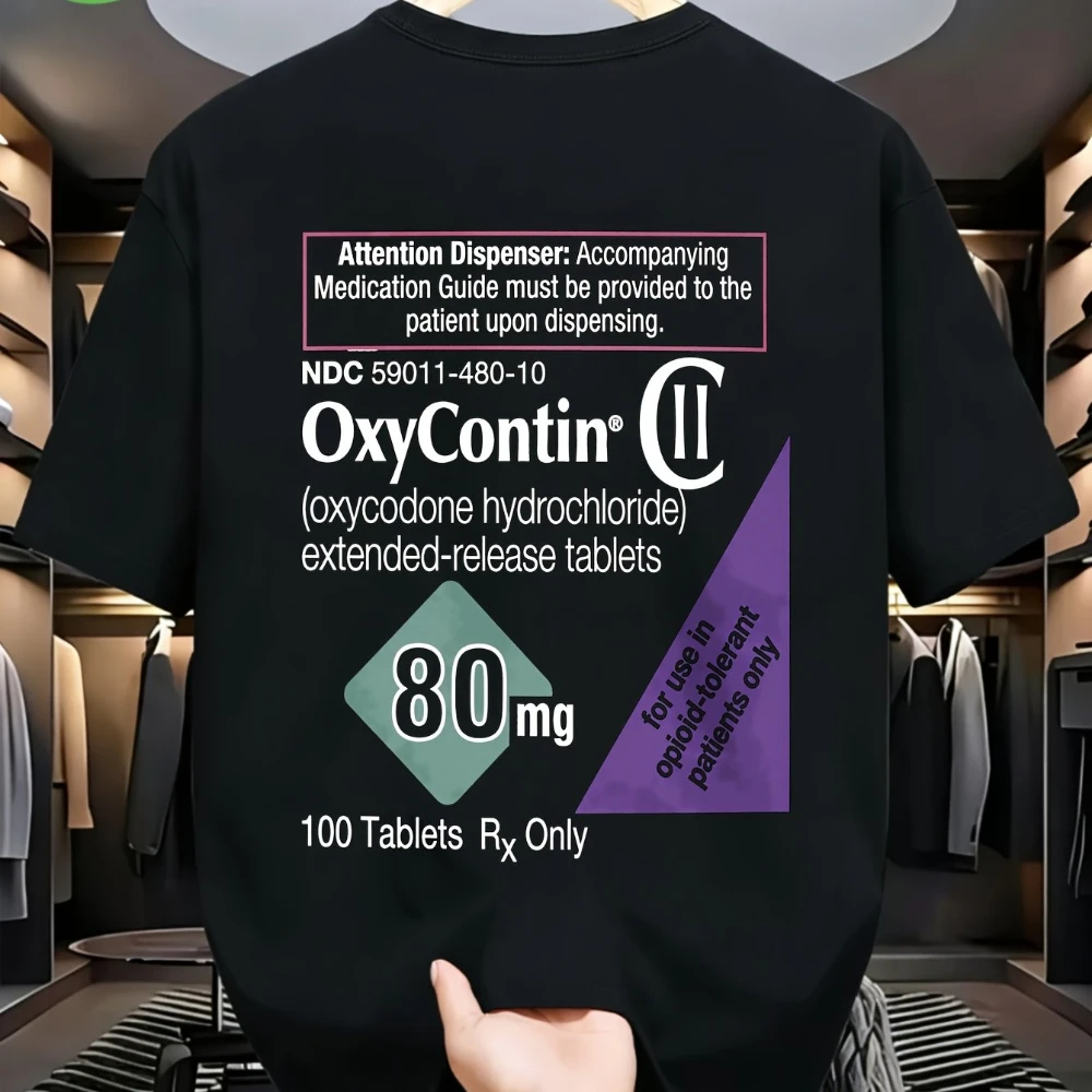 Men'S Short-Sleeve T-Shirt Featuring A Comfortable and Adaptable Oxycontin Label Design, Perfect for Outdoor Casual Wear