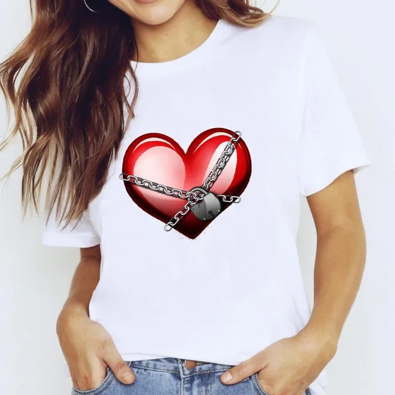 LOCK ZIPPER HEART Print Women T Shirt Short Sleeve O Neck Loose Women Tshirt Ladies Tee Shirt Tops Camisetas Mujer