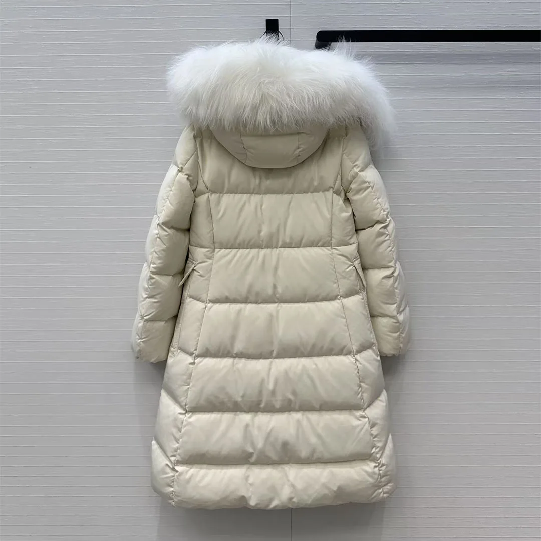 جديد الشتاء الأبيض أوزة أسفل معطف طويل المرأة مقنعين الصوف الفراء طوق طويلة الأكمام جيوب كبيرة أنيقة موضة سميكة الدافئة سترة