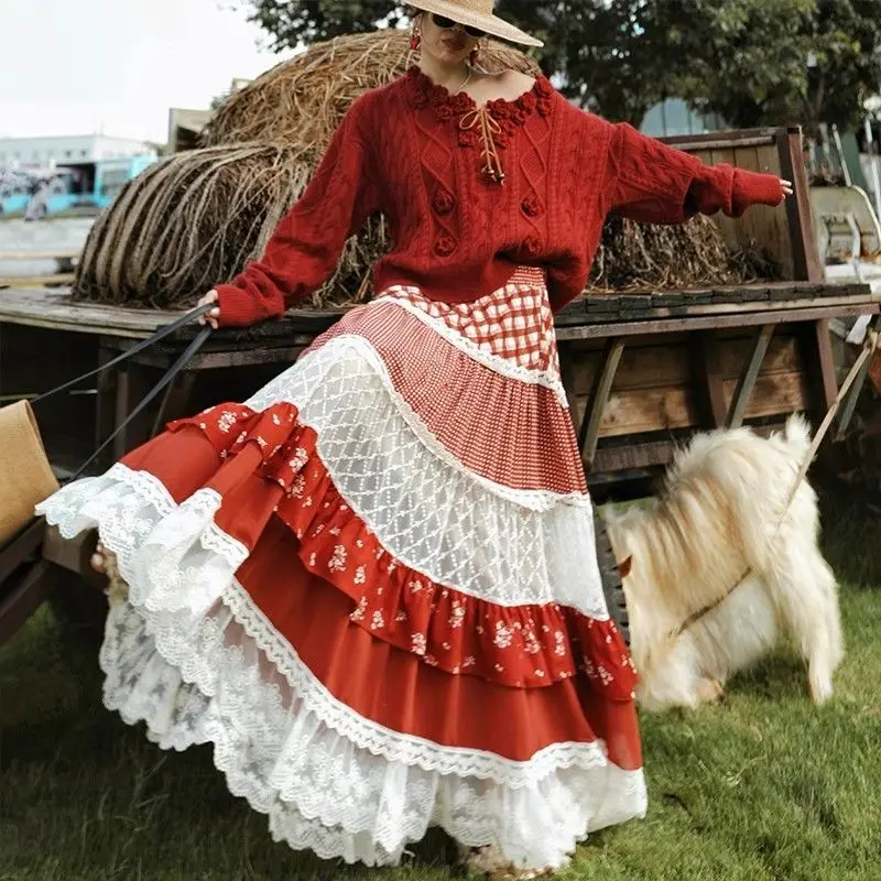 MAGOGO Forest French Pastoral Style Lace Plaid Printed Stitching Cake Skirt Women Retro Floral Big Hem Long Skirt