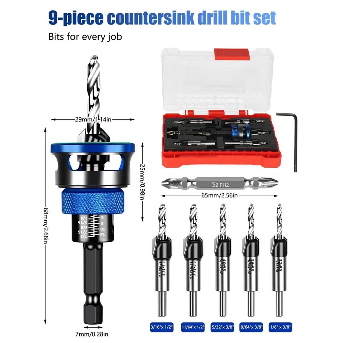 5PCS Countersink Drill Bit Set with Depth Stopper, Pilot Bits for Wood MDF Plastic, 5 Size Options Adjustable