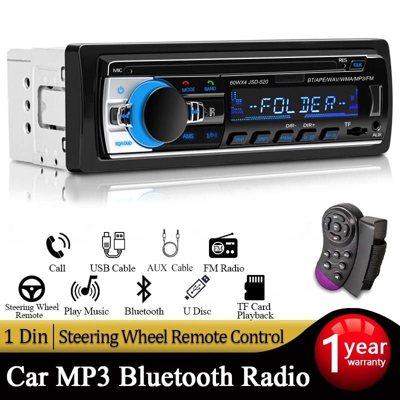 Car Radio 1 DIN Stereo Player Digital Bluetooth MP3 Player 60Wx4 FM Radio Stereo Audio Music USB/SD with In Dash AUX Input