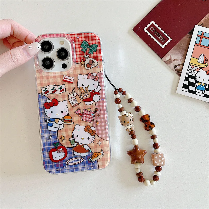 Glitter Hello Kitty desayuno yogur pan arte Sanrio funda de teléfono para iPhone 17 16 15 14 13 Pro Max funda bonita y dulce de dibujos animados