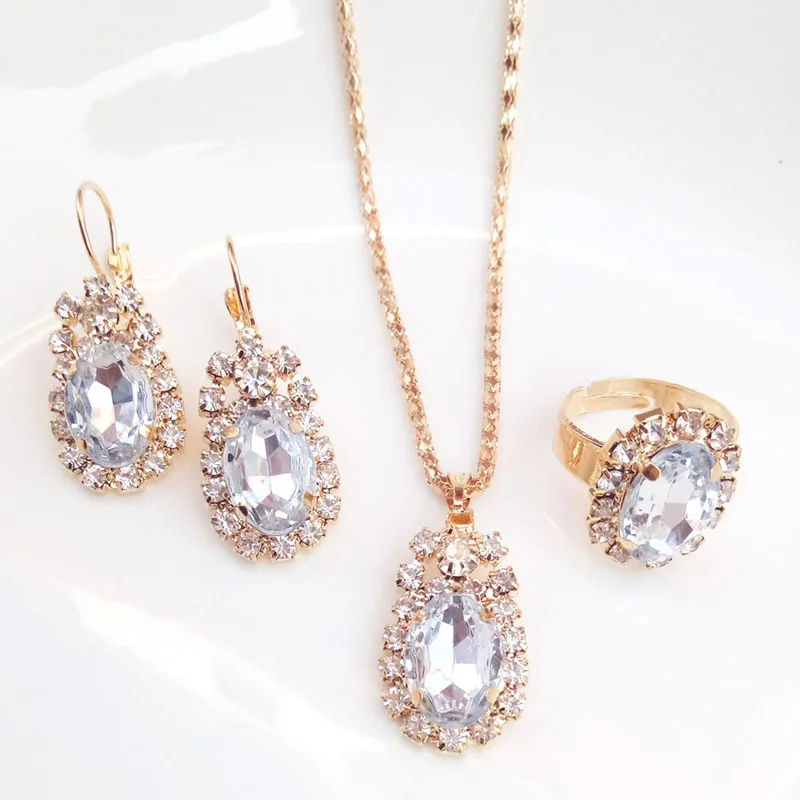 Gorgeous Multicolor Bridal Zircon Waterdrop Ring/Necklace/Earrings Jewelry Set for Women Anniversary Engagement Birthday Gifts