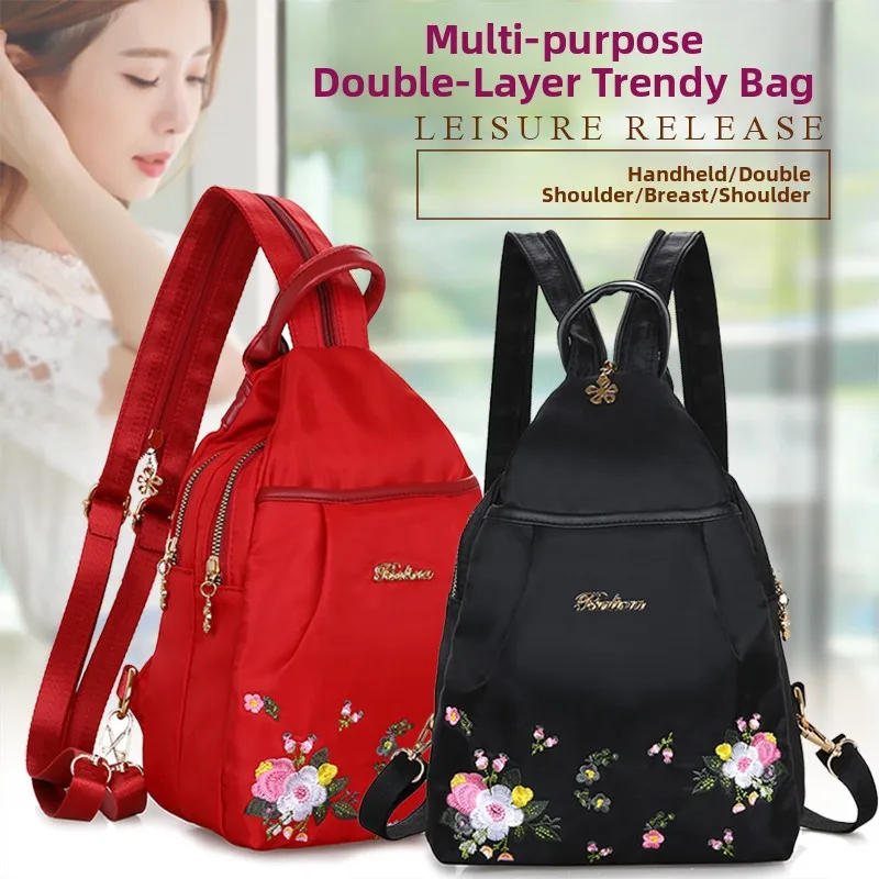 Embroidered Large Capacity Women's Backpack Anti-Theft Crossbody Multi-Functional Handheld Bag Soft Oxford Fabric Zipper Closure
