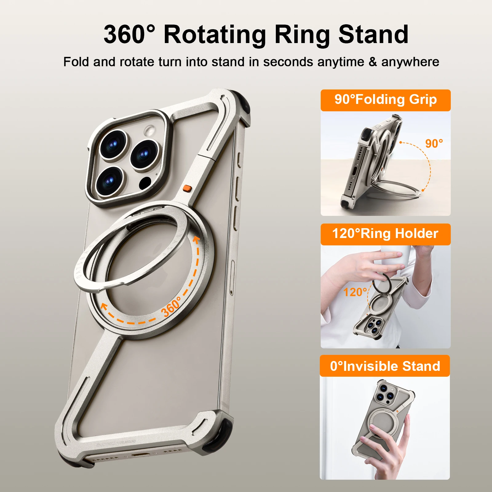 

Металлический безрамный чехол для телефона iPhone 16, 15, 14, 13, 12, Pro Max с беспроводной зарядкой Magsafe 360 ° Вращающаяся магнитная крышка подставки