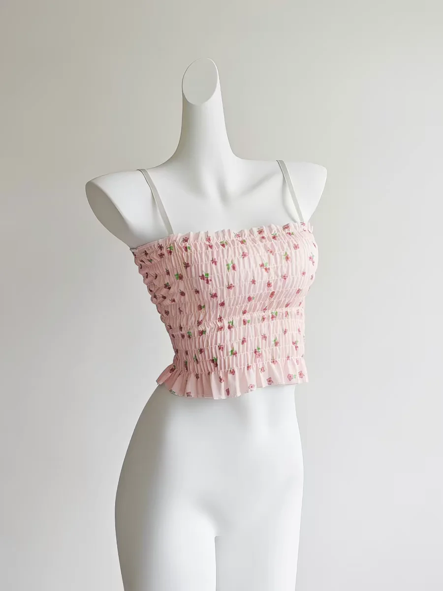 Sweet Pink Floral Ruffle Cami Top – Padded & Tight Fit, Short Cropped Tank Top, Trendy 