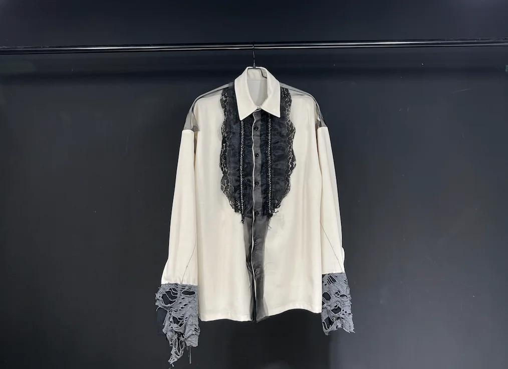 

2023 New off-white lace ruffle pull pleated shirt new long-sleeved organ pleated streamer temperament shirt