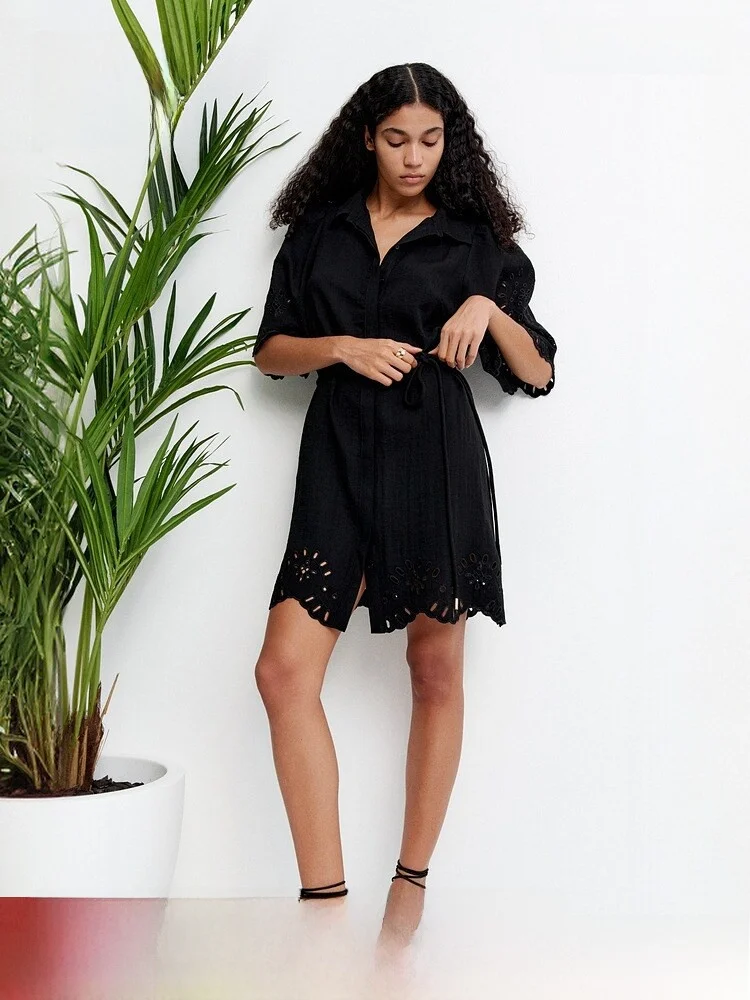 

H&M Women's Dr Embroidered Hollow out Collared irt Sle Summer Fairy Skirt Casual mid Sve ort Length A-Line Dr