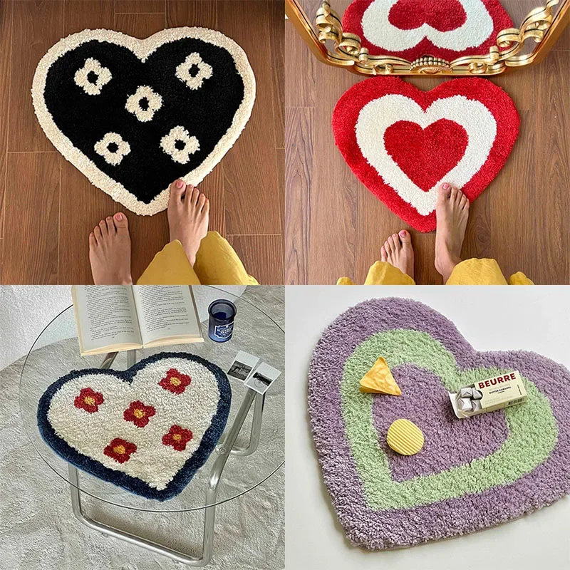Floor Anti Slip Pad Aesthetic Home Room Decor Heart Shape Tufting Bathroom Mat Soft Rug Bedroom Carpet Doormat