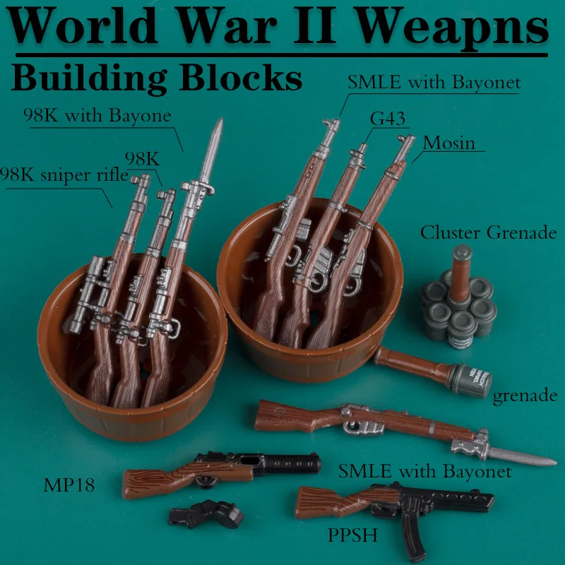 WW2 German Military Wooden Guns Building Blocks Soldiers Figures Weapons Soivet PPSH 98K SMLE IV Mosin G43 Bricks Toys Boys Gift