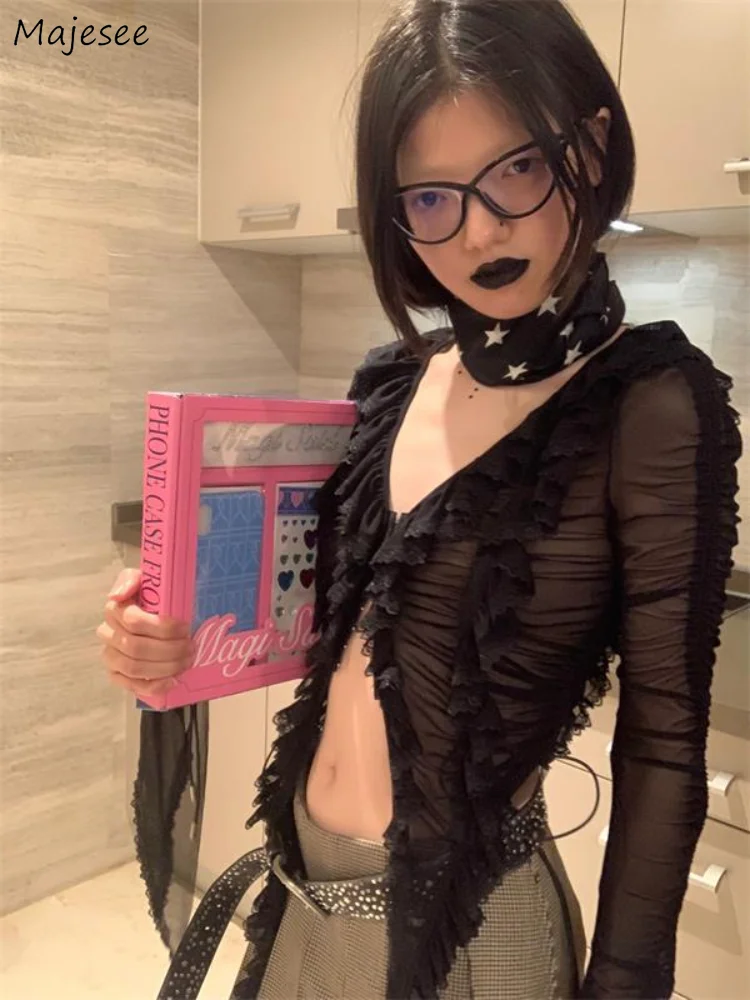 Ruffles Hotsweet Camicie Donna Estate Manica lunga Ritagliata Per il tempo libero Protezione solare Scollo a V Clubwear sexy Stile europeo Hip Hop Estetica