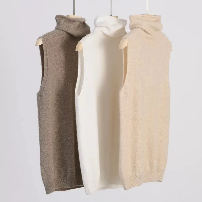 Women 100% Merino Wool Sleeveless Pullovers Turtleneck Sweater Waistcoat Wool Knitwear Spring Autumn Winter Fashion Vest Tops