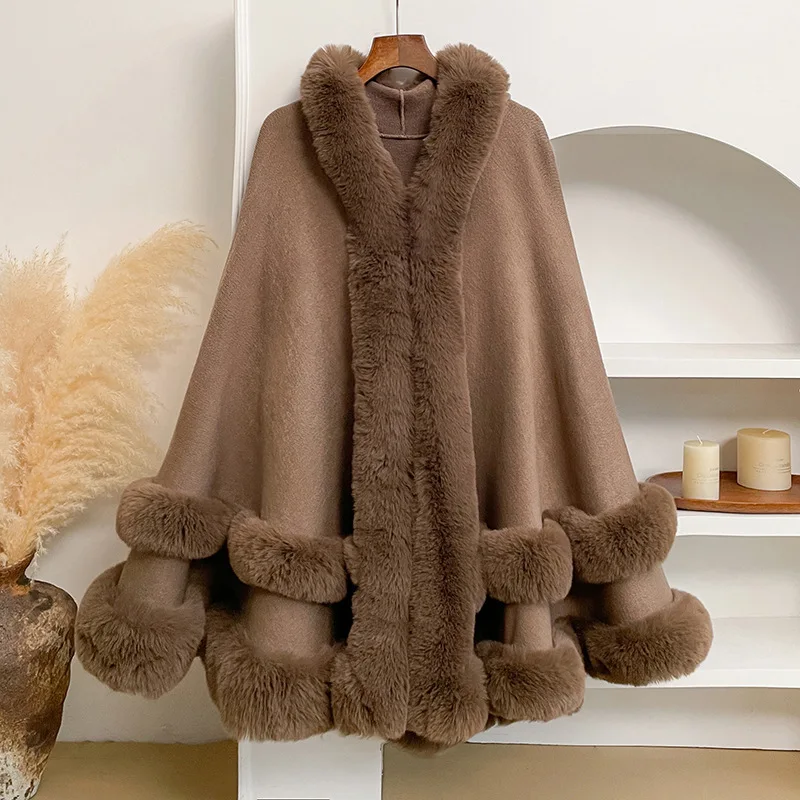 Damen Cape-Mantel mit Kunstfellbesatz, Kapuze, lockerer Poncho-Umhang, eleganter, warmer Strick-Schal, Winter-Oberbekleidung für Abendpartys – Detail 4